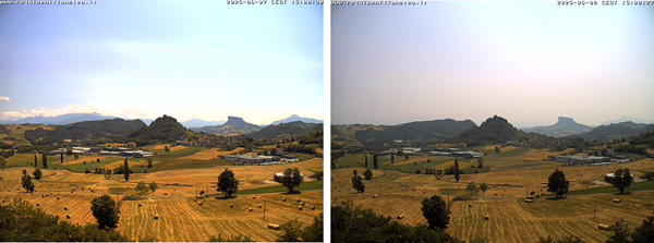 Webcam di Felina ore 15:00, a sinistra del giorno sabato 7 a destra di domenica 8 giugno 2025. Si nota chiaramente la variazione dello stato del cielo e conseguentemente il calo della visibilit&agrave;.