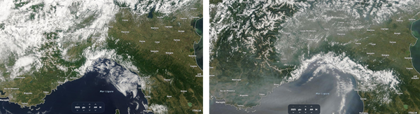 visione satellitare dell'Italia settentrionale, golfo di genova e Costa Azzurra il 7 gigno a sinistra e l'8 a destra. I fumi sospesi in aria sono particolarmente visibili sulla porzione di mare. Le immagini sono state acquisite nello stessa ora della giornata. Credits to <https://zoom.earth/>